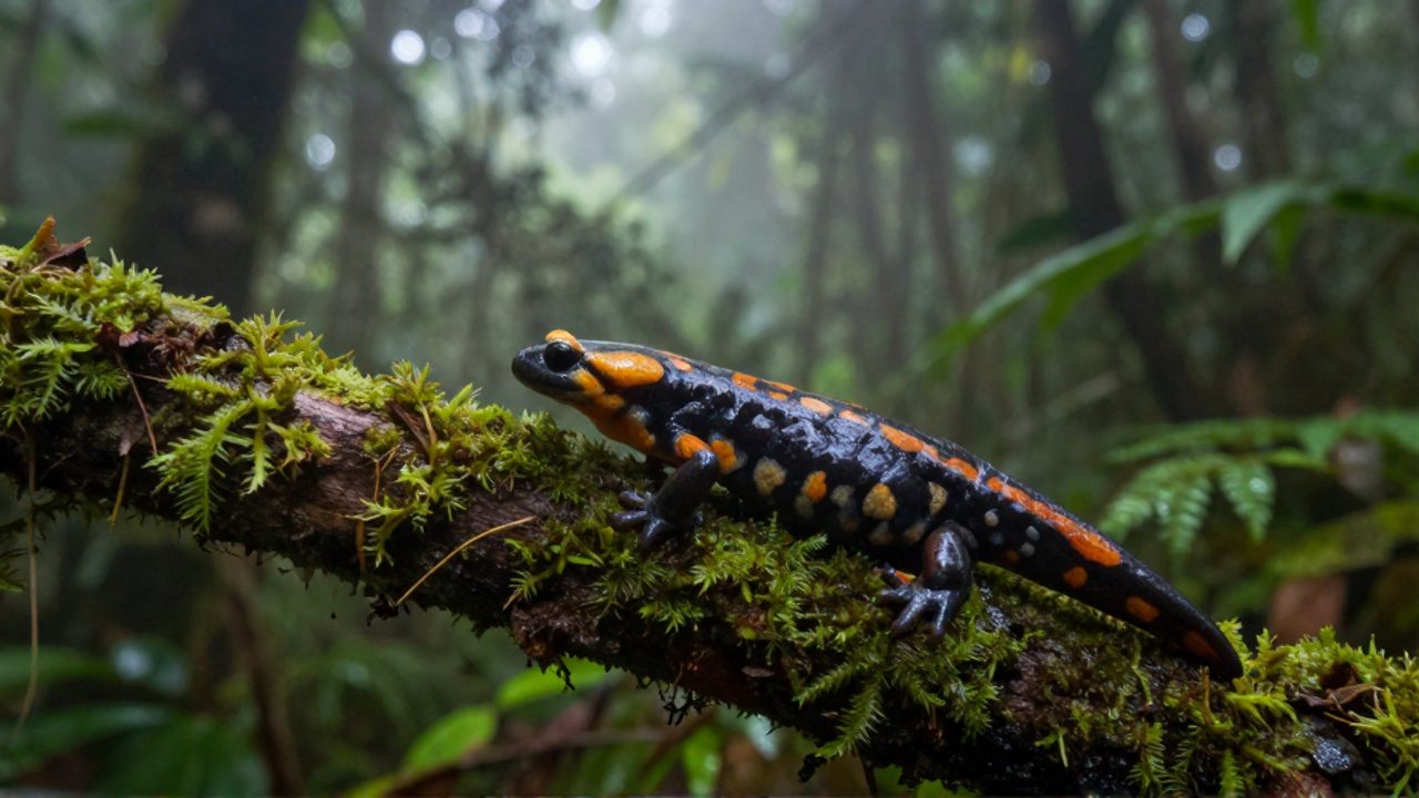 Una salamandra de colores vibrantes se desplaza sobre una rama con musgo en un bosque nuboso nebuloso de Veracruz.