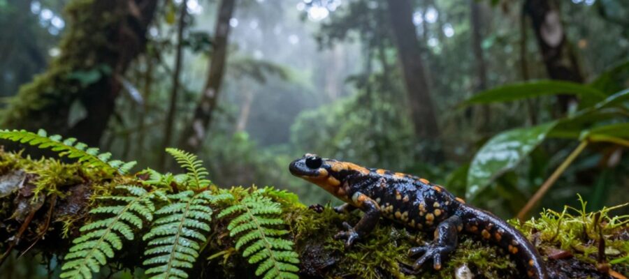 Una salamandra colorida posada sobre una rama con musgo en un bosque nuboso de Veracruz con niebla entre la vegetación.