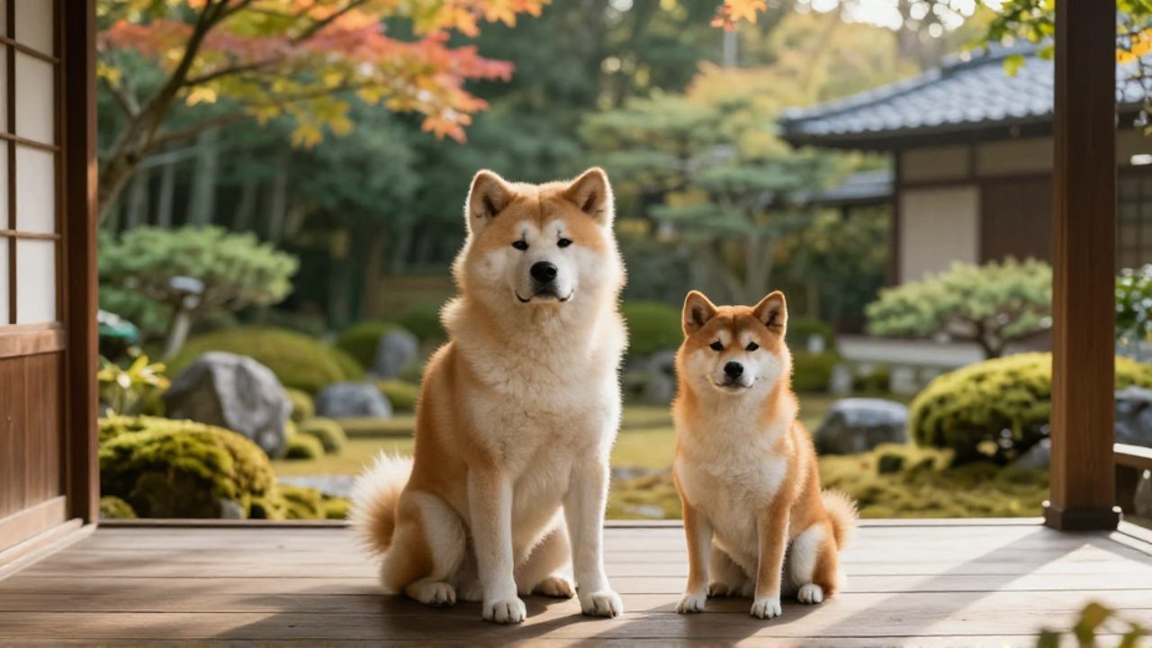 Un Akita Inu de complexión robusta y un Shiba Inu pequeño posan juntos sobre el porche de madera de una casa tradicional japonesa con un jardín zen de fondo.