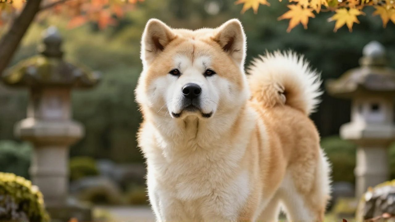 Akita Inu de pelaje crema y rojizo con mirada alerta, parado en un jardín japonés iluminado por el sol.