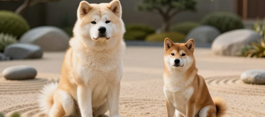 Comparación entre un Akita Inu de gran tamaño y pelaje crema junto a un Shiba Inu pequeño y compacto, ambos sentados en un jardín zen.