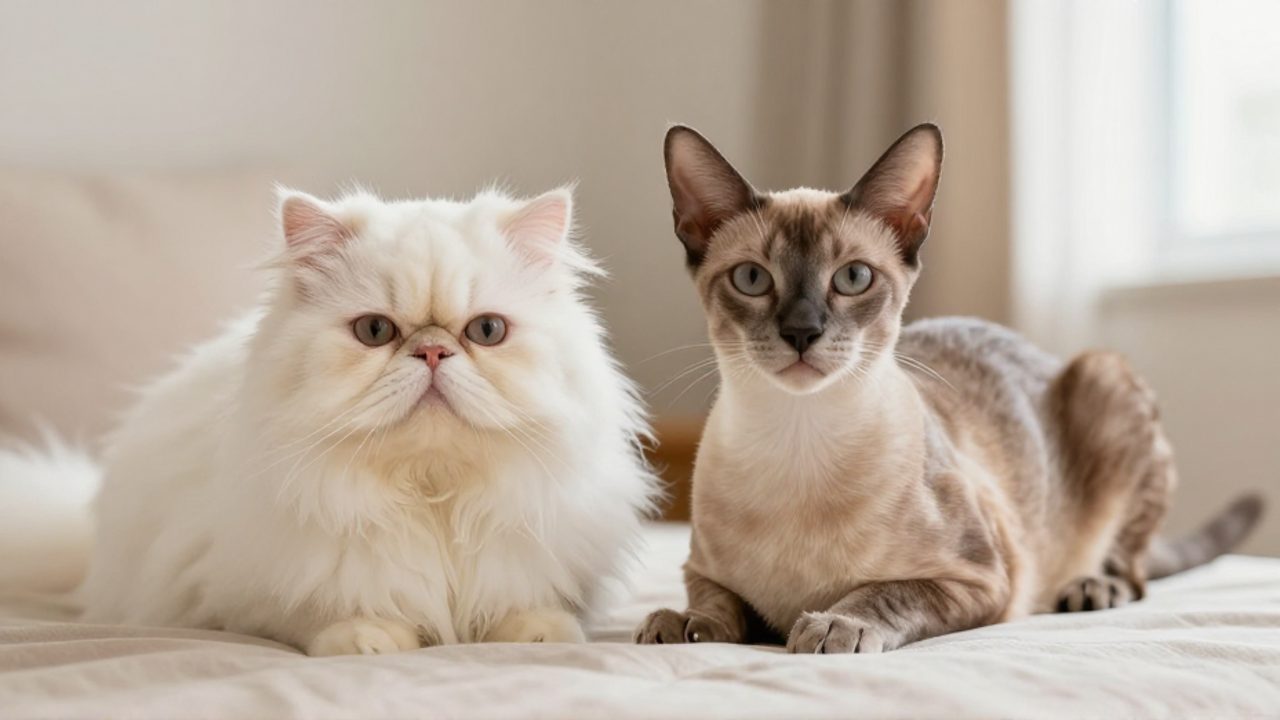 Comparativa entre un gato persa de cara plana y pelaje denso junto a un gato angora de complexión esbelta y pelaje sedoso.
