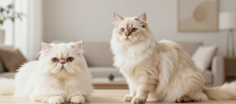 Un gato persa de pelaje denso y cara achatada junto a un gato angora de silueta esbelta y pelaje sedoso sobre una superficie de madera.