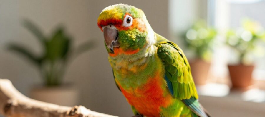 Un loro conuro de colores verde y naranja posado en una rama de madera con una expresión curiosa.