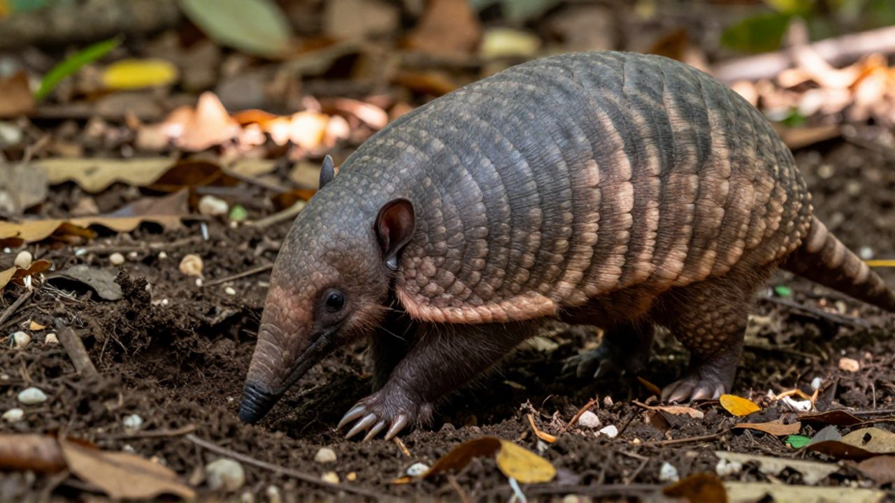 Un armadillo utiliza sus garras para excavar entre la tierra húmeda y las hojas secas de un bosque en busca de alimento.
