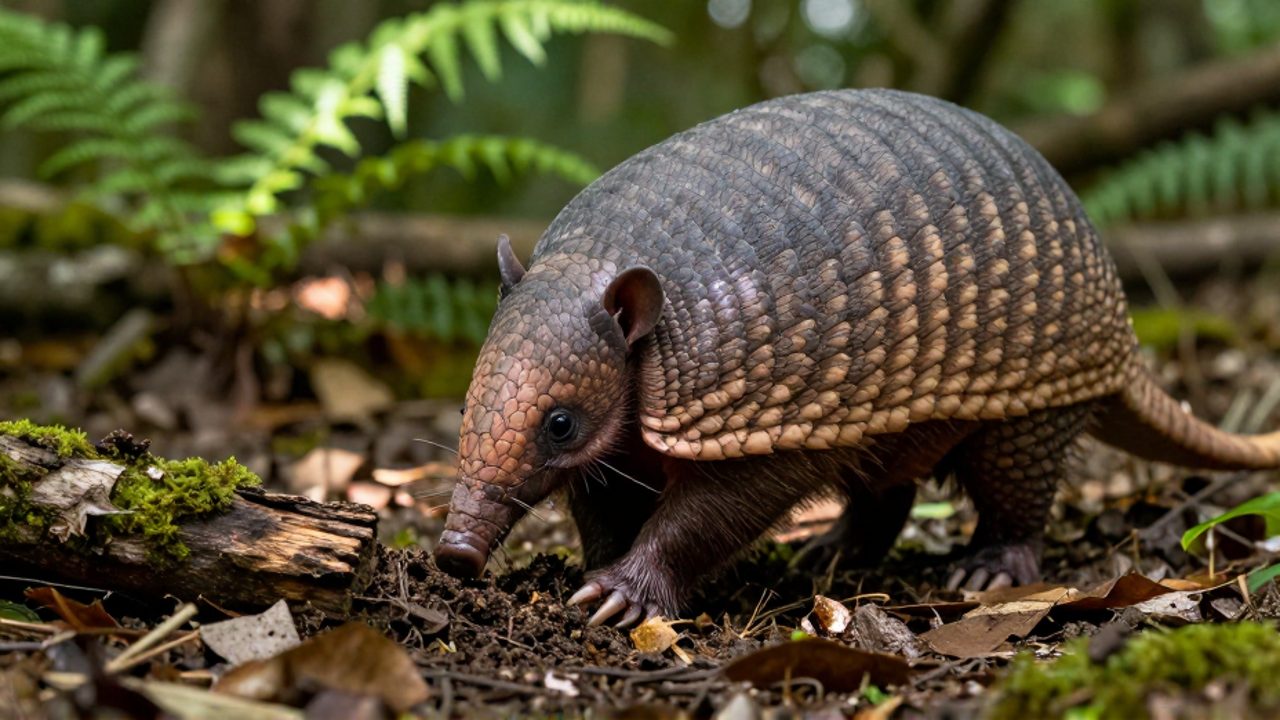 Un armadillo de nueve bandas busca alimento entre la hojarasca y la tierra húmeda de un bosque.