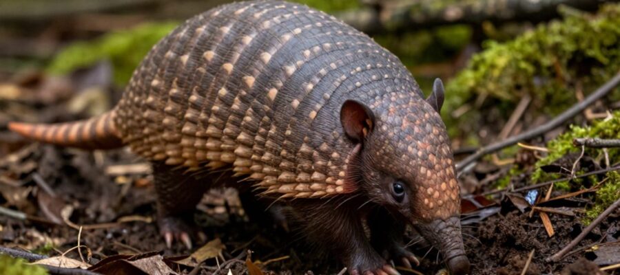 Un armadillo de nueve bandas busca alimento entre la tierra húmeda y la hojarasca del suelo de un bosque.
