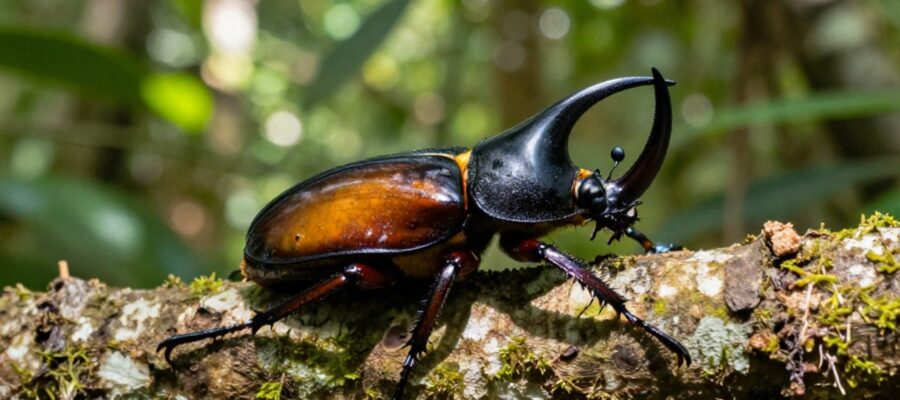 Escarabajo Hércules de color negro iridiscente posado sobre una rama con musgo en una selva tropical.