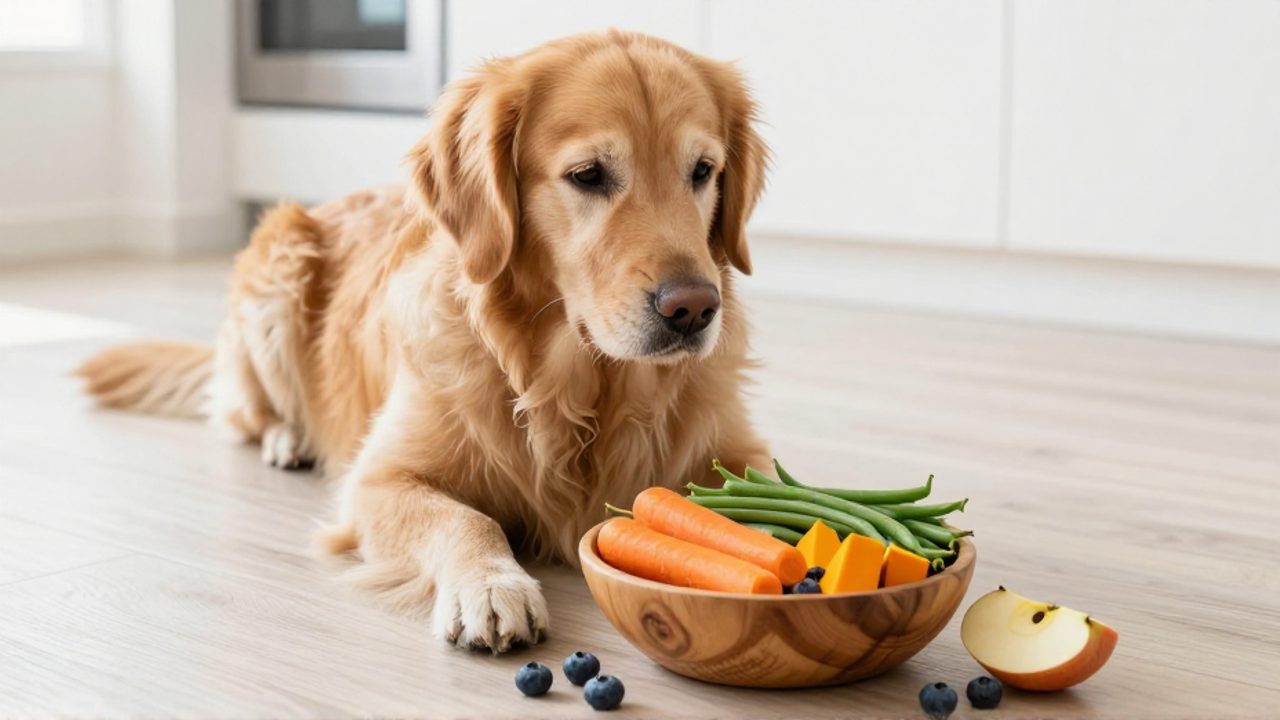 Un perro Golden Retriever observa con curiosidad un cuenco de madera lleno de zanahorias, judías verdes y calabaza sobre un suelo de madera.