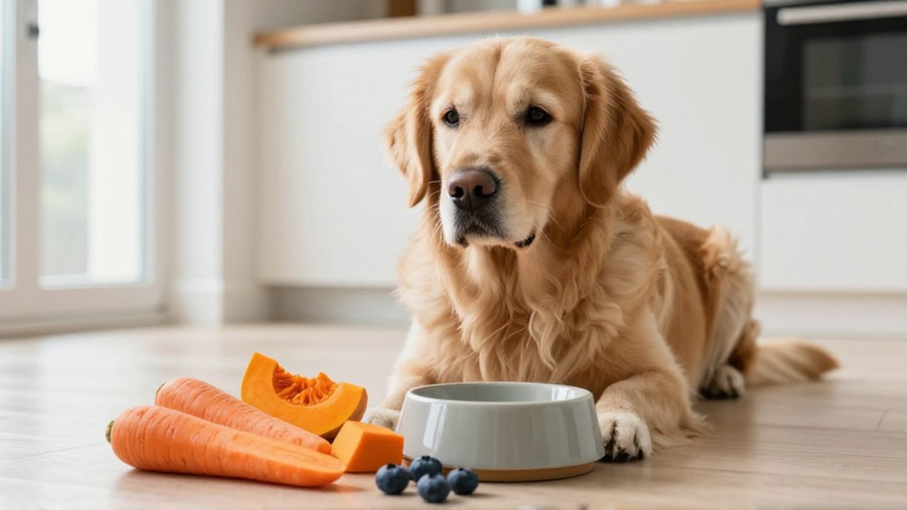 Un perro Golden Retriever sentado en una cocina observa con curiosidad un cuenco rodeado de zanahorias, calabaza y arándanos frescos.