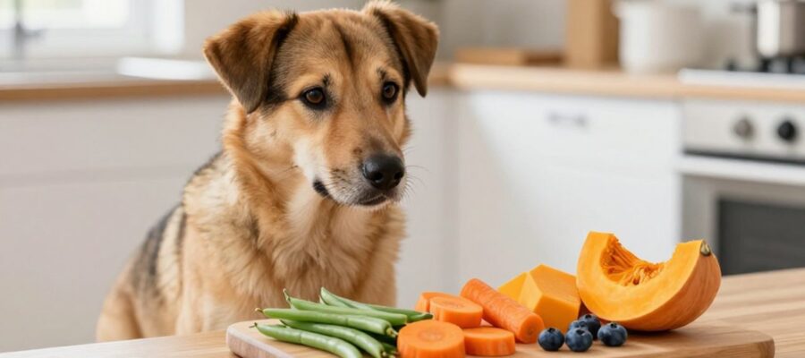 Perro sentado frente a una tabla de madera con trozos de zanahoria, calabaza, judías verdes y arándanos en una cocina luminosa.