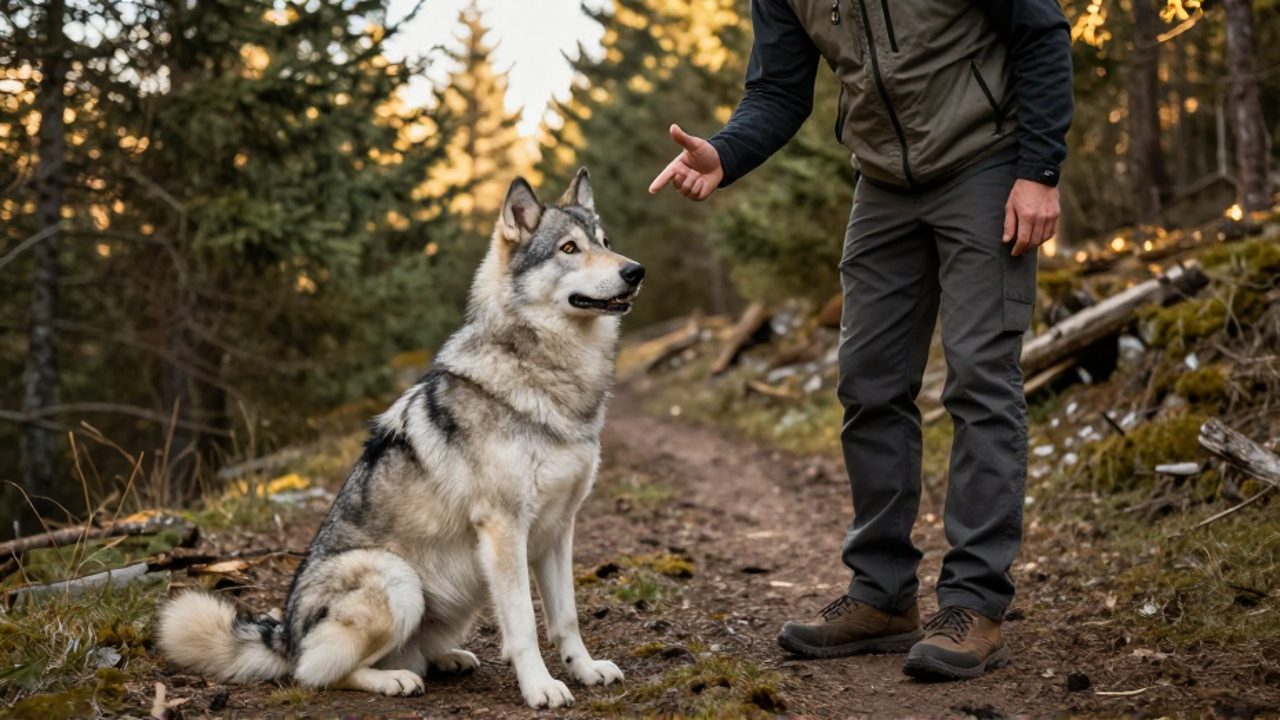 Un dueño con ropa de senderismo realiza una sesión de entrenamiento con un perro Tamaskan sentado con atención en un sendero de bosque.