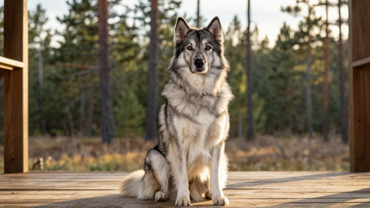 Perro Tamaskan de pelaje gris y blanco con mirada atenta, sentado en un porche de madera con un bosque de pinos al fondo.