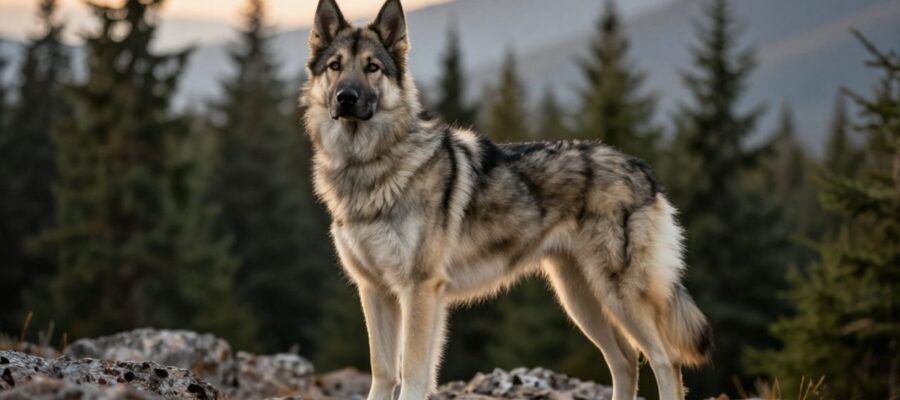 Perro Tamaskan de pelaje gris y crema parado con actitud alerta sobre un terreno rocoso frente a un bosque y montañas.