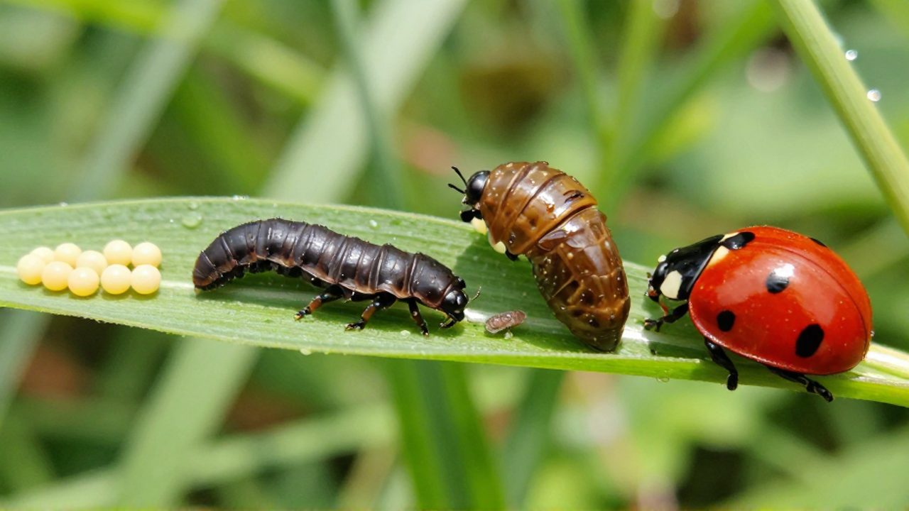 Las cuatro etapas de la metamorfosis de una mariquita, desde los huevos amarillos y la larva oscura hasta la pupa y el insecto adulto rojo con manchas negras, dispuestas sobre una hoja verde.