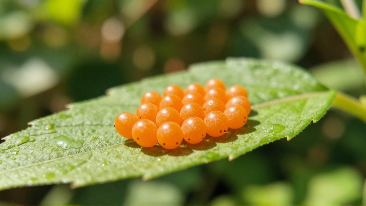 Grupo de huevos de mariquita de color naranja brillante adheridos al envés de una hoja verde.