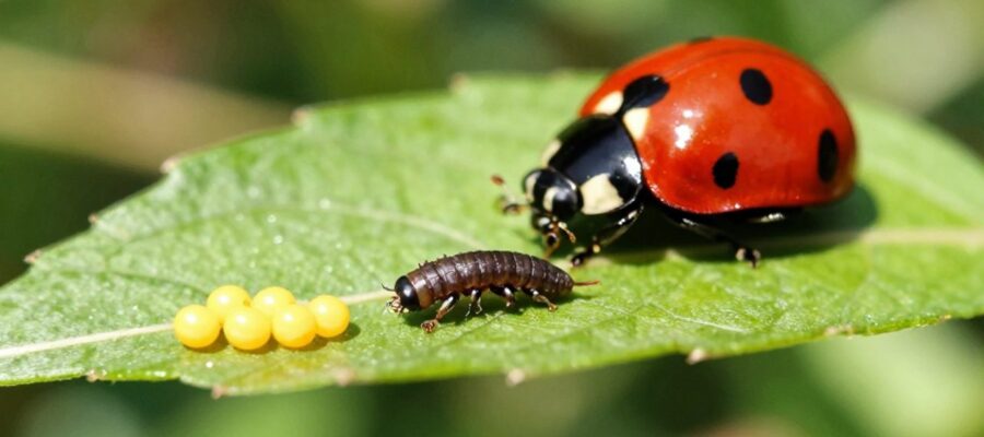 Las distintas etapas del ciclo de vida de una mariquita sobre una hoja verde, mostrando sus huevos, una larva oscura y un ejemplar adulto de color rojo con manchas negras.