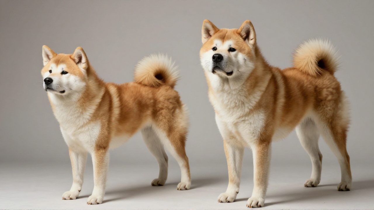 Comparación entre un Akita Inu de complexión atlética y un Akita Americano de estructura robusta y más masiva.