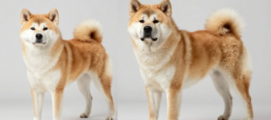 Un Akita Inu de complexión atlética y pelaje rojo y blanco junto a un Akita Americano más robusto y de mayor tamaño.