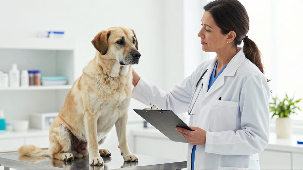 Una veterinaria observa con calma el lenguaje corporal de un perro sentado en una mesa de examen dentro de una clínica.