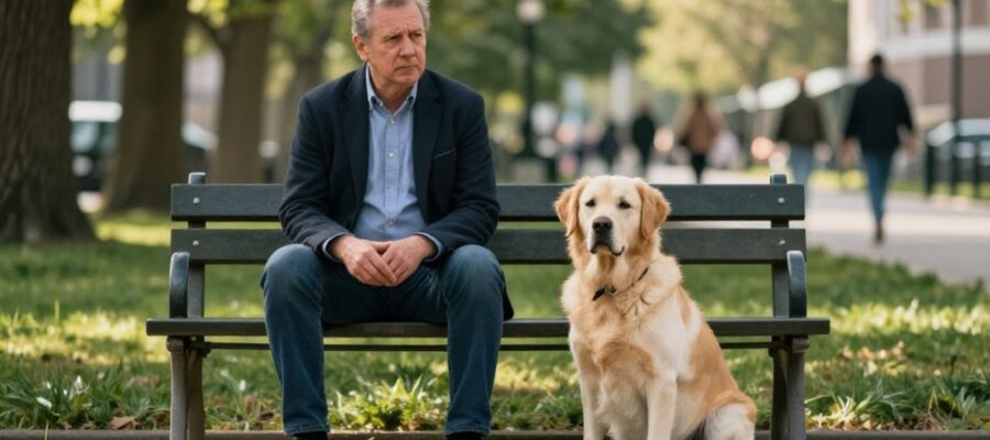 Dueño sentado tranquilamente en un banco de un parque junto a su perro de tamaño mediano en un entorno público.