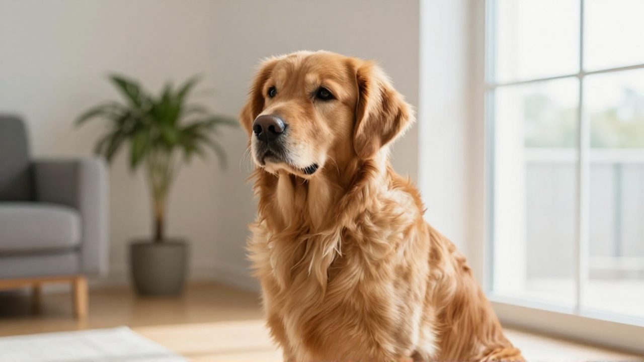 Perro Golden Retriever sentado en una sala de estar, atento y con la mirada fija hacia una ventana.