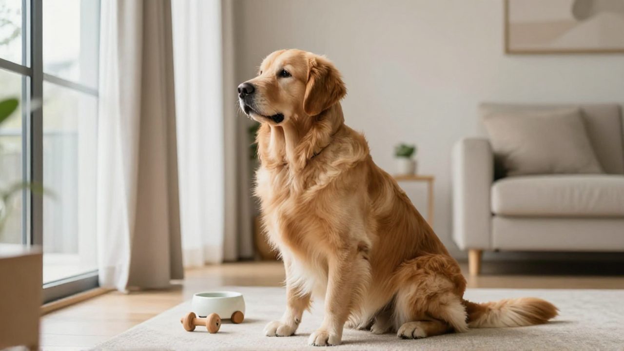 Perro Golden Retriever sentado tranquilamente en una sala de estar luminosa y ordenada junto a su juguete y cuenco de agua.