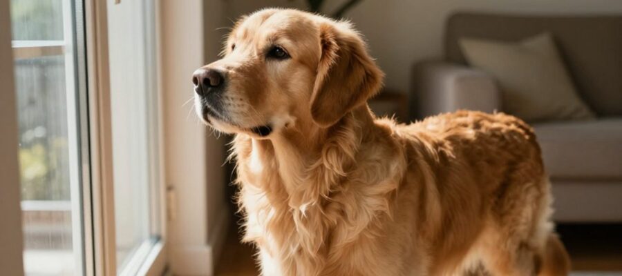 Perro Golden Retriever con expresión alerta y atenta mirando hacia una ventana en el interior de una casa.
