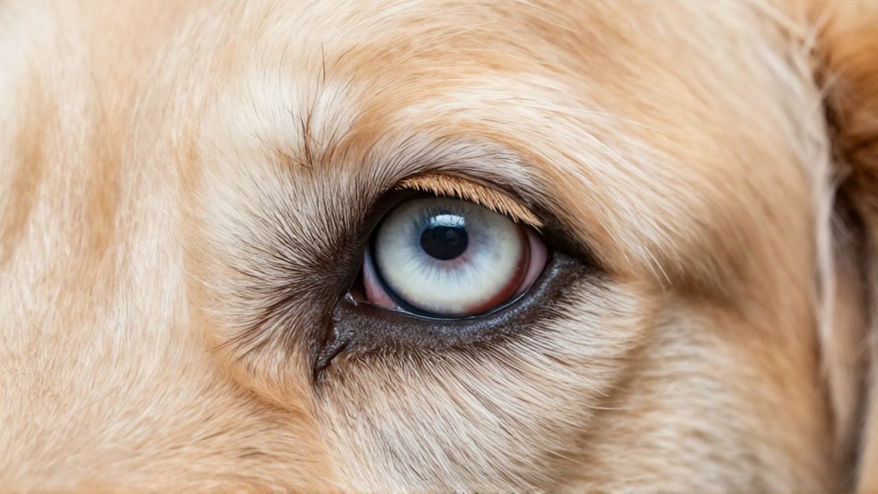 Primer plano del ojo de un perro Golden Retriever que muestra una opacidad blanquecina y turbia en el cristalino debido a una catarata.