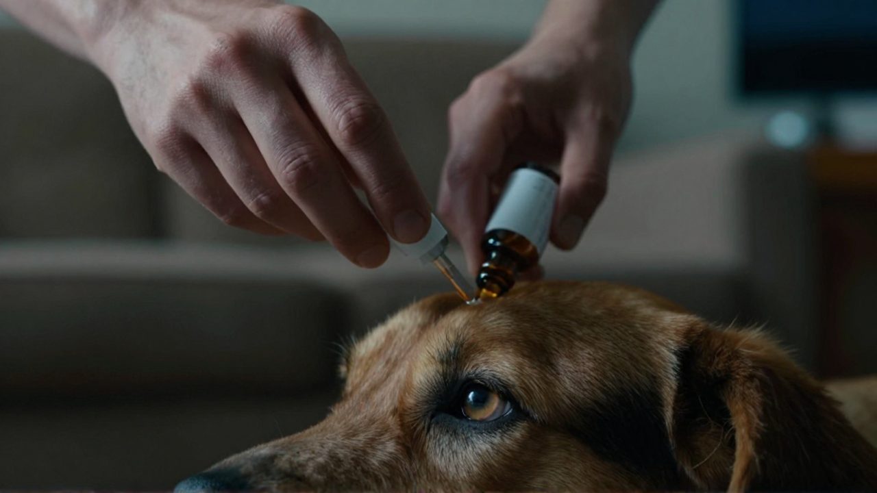 Una mano sostiene un frasco de medicamento sin etiqueta cerca del ojo de un perro que presenta una opacidad blanquecina.