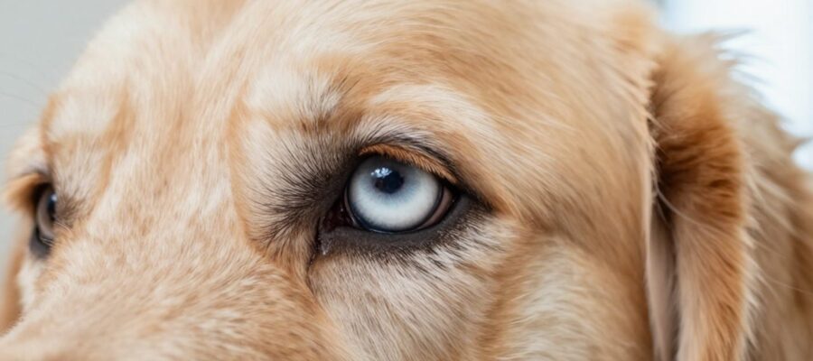 Primer plano del ojo de un perro Golden Retriever de edad avanzada que presenta una opacidad blanquecina característica de las cataratas.