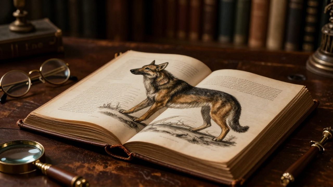Libro antiguo de zoología abierto sobre un escritorio de madera, mostrando una ilustración detallada de un canino extinto junto a unas gafas y una lupa.