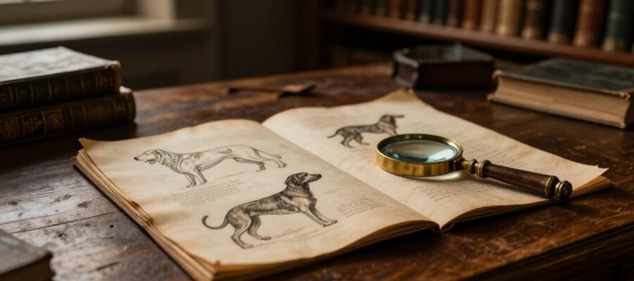 Manuscrito antiguo con dibujos anatómicos de razas de perros extintas sobre un escritorio de madera, junto a una lupa de latón.