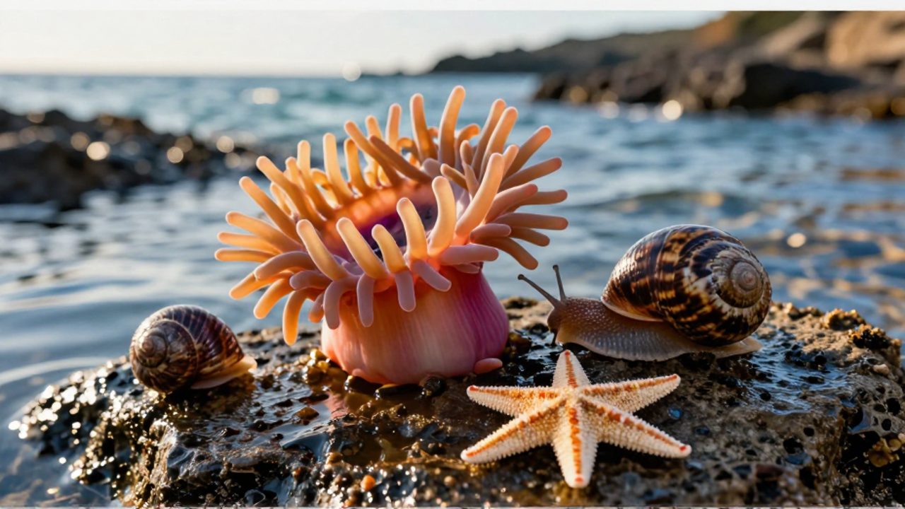 Una anémona, un caracol de jardín y una estrella de mar reposan sobre una roca volcánica húmeda en una charca de marea.