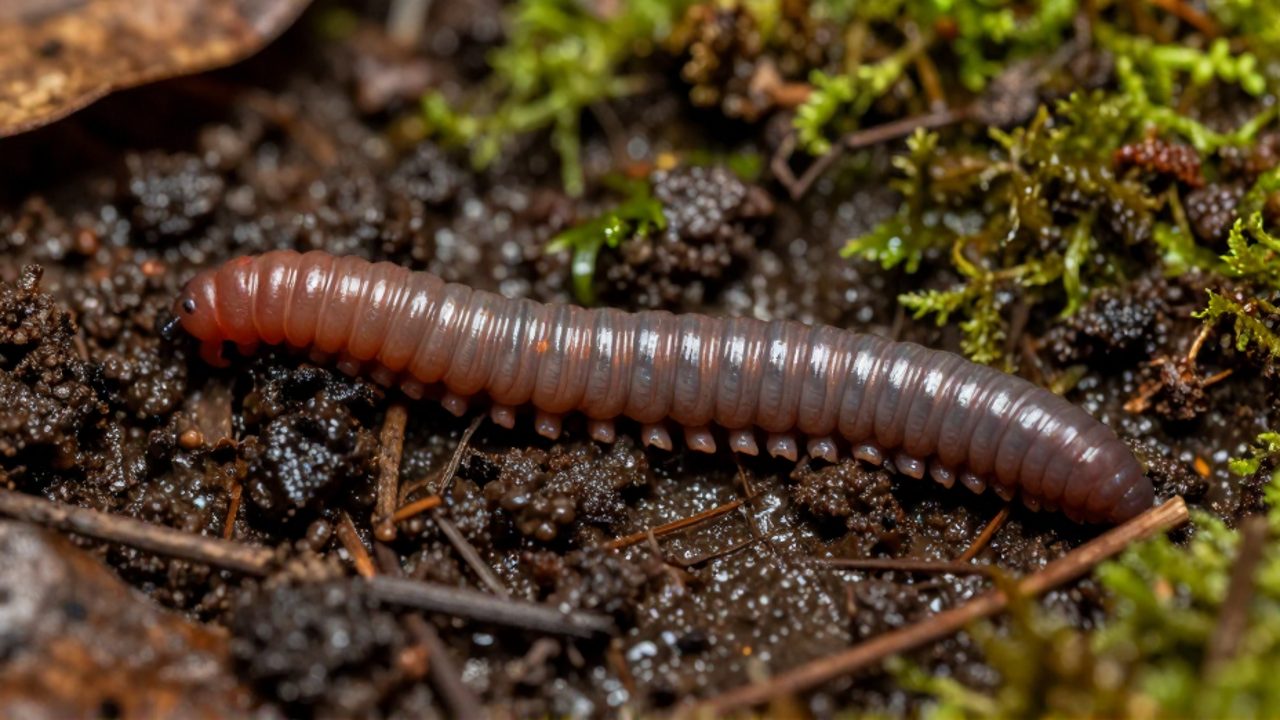 Un gusano segmentado se desplaza sobre tierra húmeda y materia orgánica en el suelo de un bosque.
