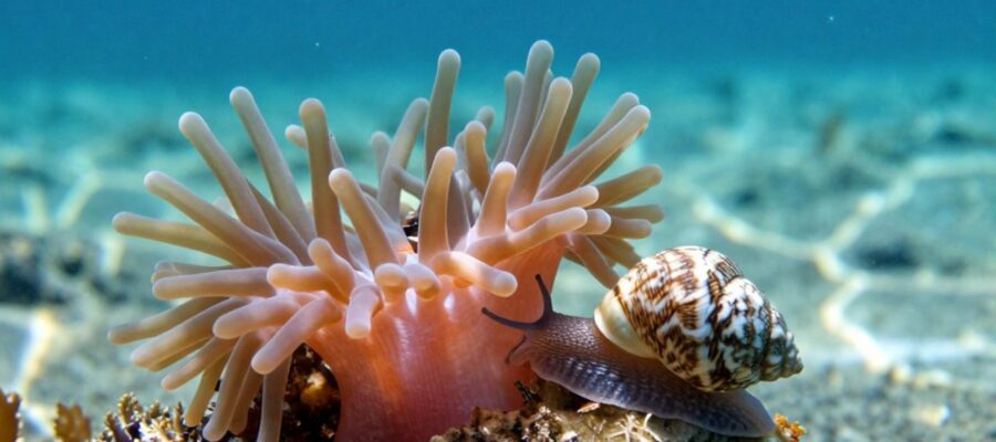 Una anémona de tentáculos vibrantes y un pequeño caracol marino descansan sobre un arrecife de coral en el fondo del mar.