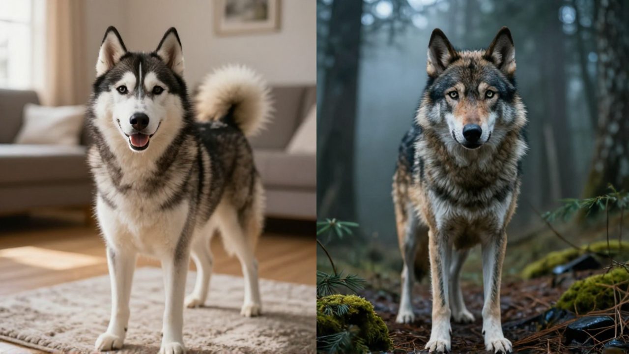 Comparación entre un perro Siberian Husky con apariencia doméstica en una sala luminosa y un perro híbrido de aspecto salvaje en un bosque neblinoso.