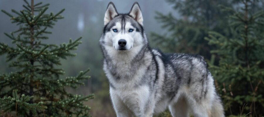 Siberian Husky de pelaje gris y blanco con ojos azules, de pie en un bosque con neblina.
