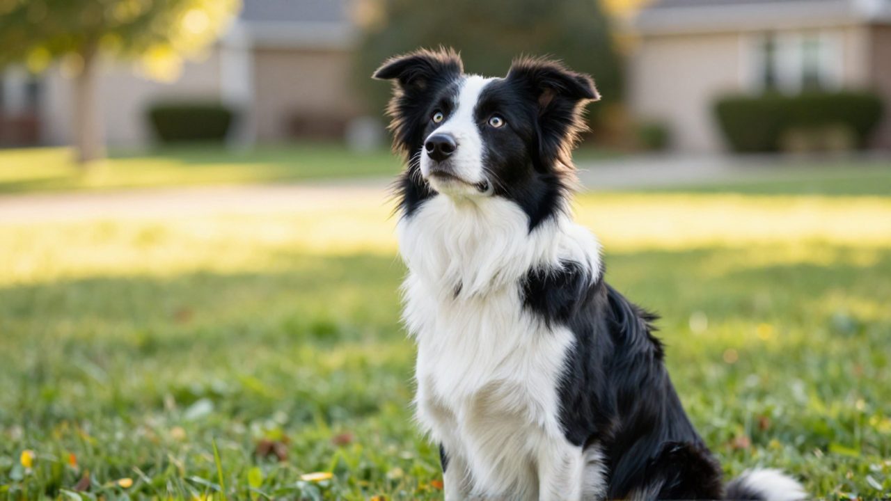 Perro Border Collie sentado en un jardín atento y concentrado hacia una persona.