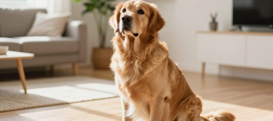 Golden Retriever atento sentado en un salón iluminado por el sol, mirando hacia arriba con expresión de conexión.
