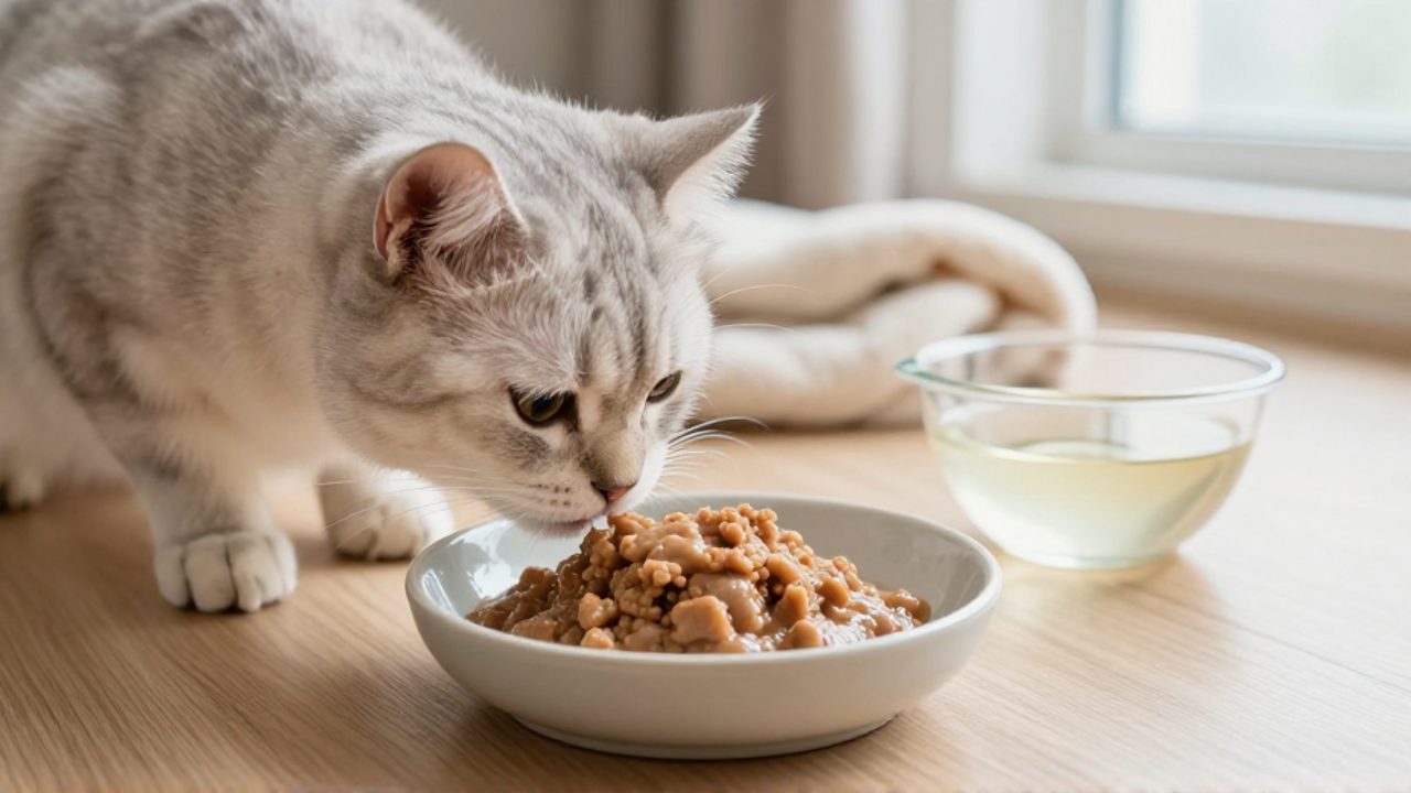 Un gato doméstico olfatea un cuenco de comida húmeda junto a un recipiente con caldo de pollo en un ambiente acogedor de descanso.