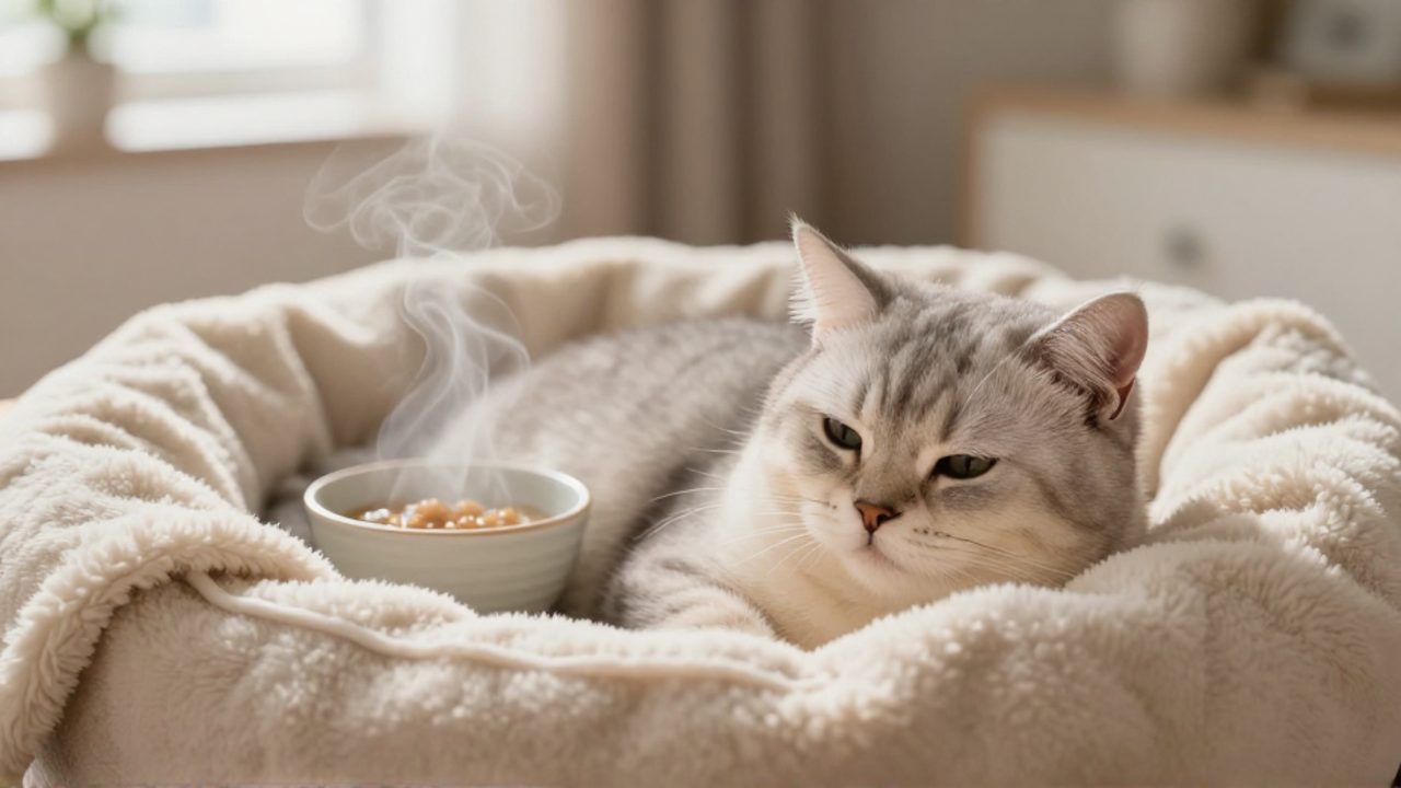 Gato descansando plácidamente en una cama mullida junto a un cuenco de comida tibia en un ambiente acogedor.