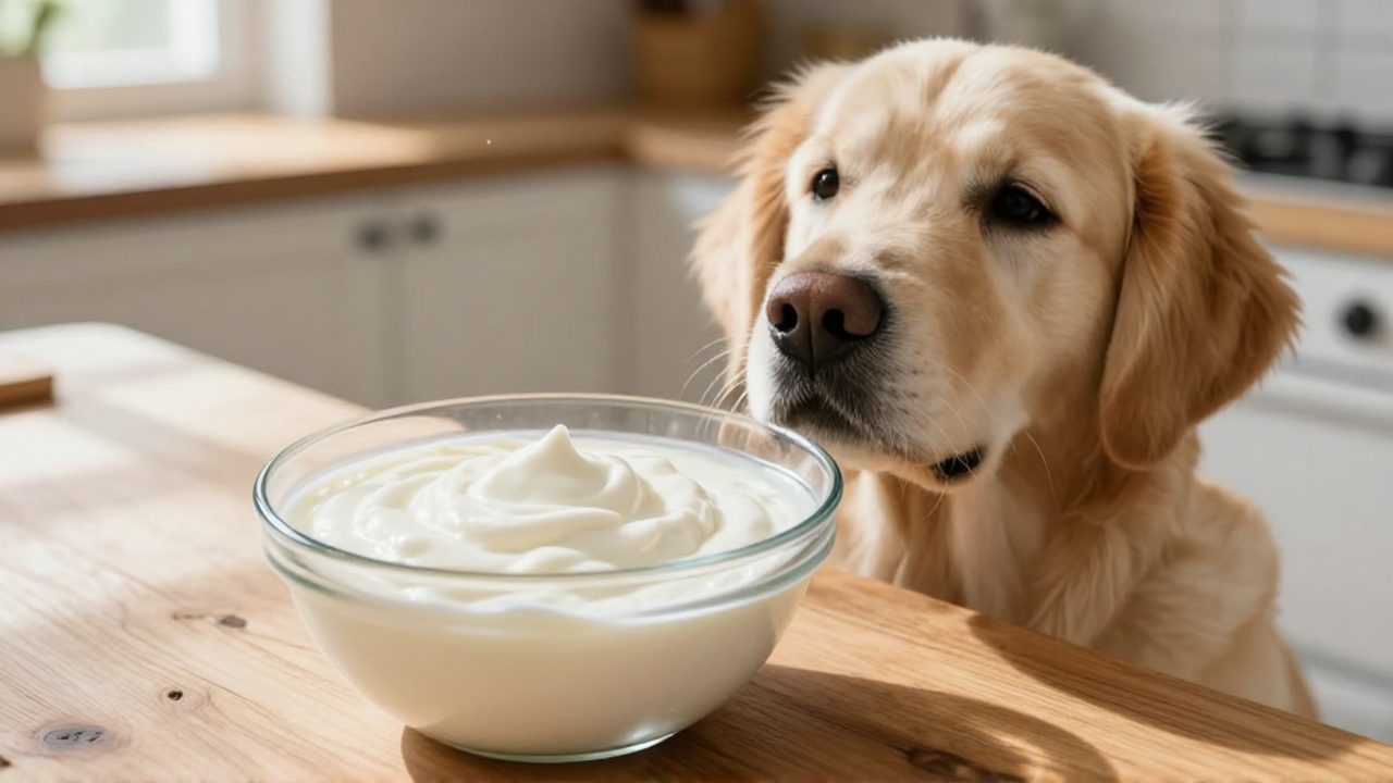 Un cuenco de cristal con kéfir blanco y cremoso sobre una encimera de madera junto a un perro Golden Retriever que lo observa con curiosidad.