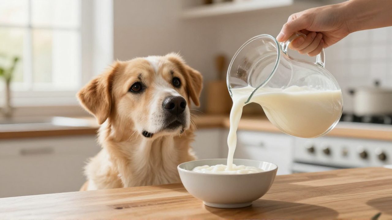 Un perro espera con atención mientras una persona vierte kéfir de una jarra en un cuenco sobre la encimera de una cocina.