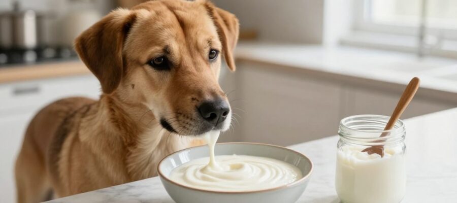 Perro de tamaño mediano observando con atención un cuenco de cerámica donde se vierte kéfir cremoso sobre una encimera de cocina.