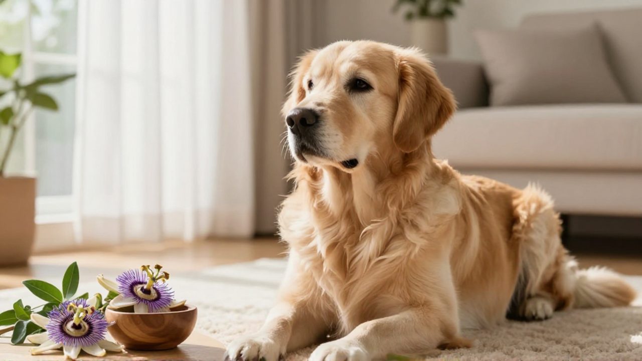 Un perro Golden Retriever sentado con expresión tranquila y relajada en una sala iluminada, con flores de pasiflora en primer plano sobre una mesa.