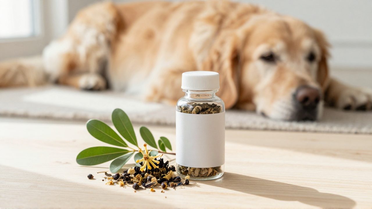 Frasco de suplemento junto a flores de pasiflora secas sobre madera, con un perro Golden Retriever descansando relajado al fondo.