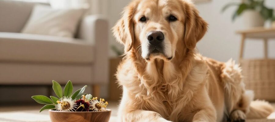 Un perro Golden Retriever con expresión serena sentado en una sala iluminada junto a un cuenco de madera con flores de pasiflora secas.
