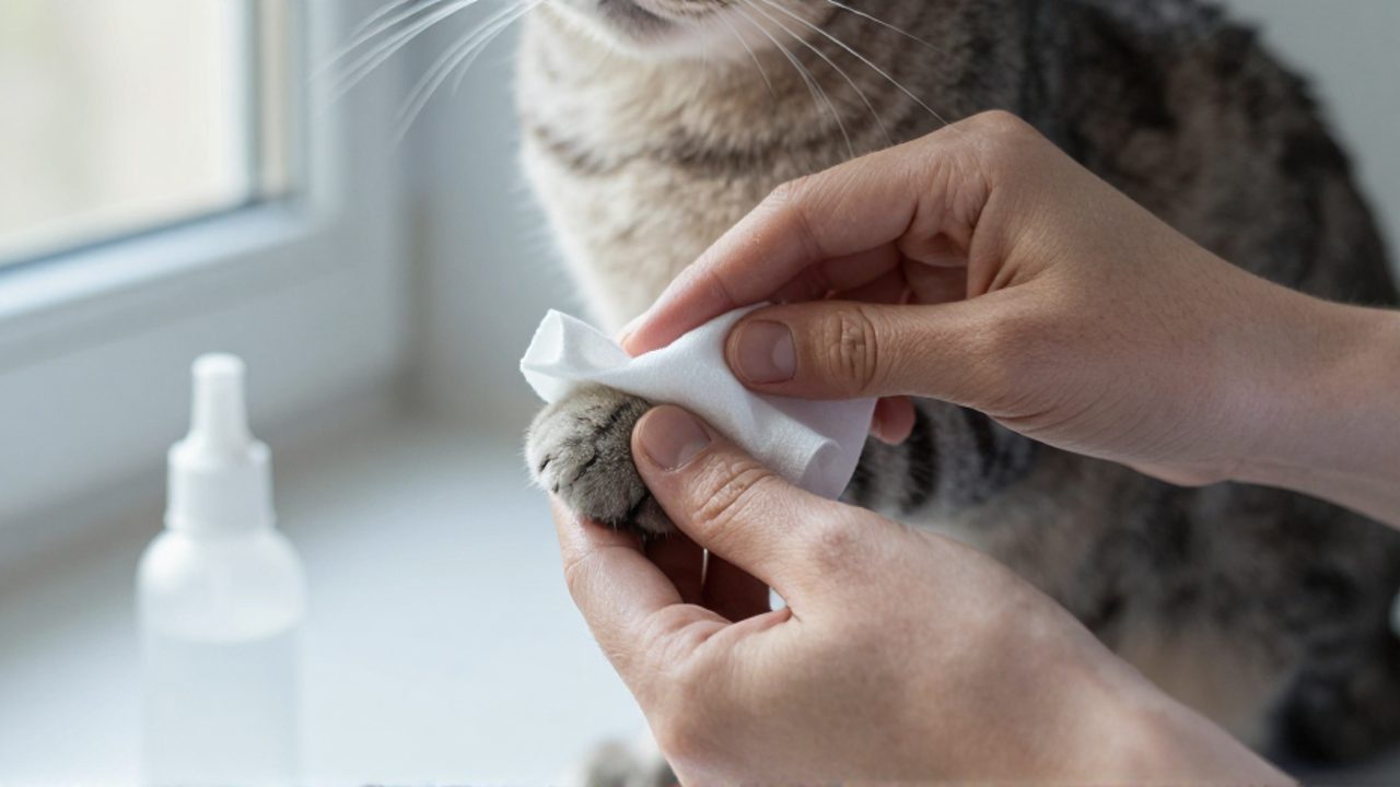 Unas manos limpian con cuidado la pata de un gato utilizando una gasa estéril y solución salina en un entorno doméstico.