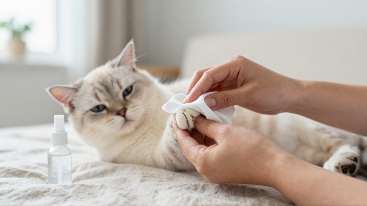Manos de una persona limpiando con cuidado la pata de un gato usando una gasa y solución salina sobre una manta.